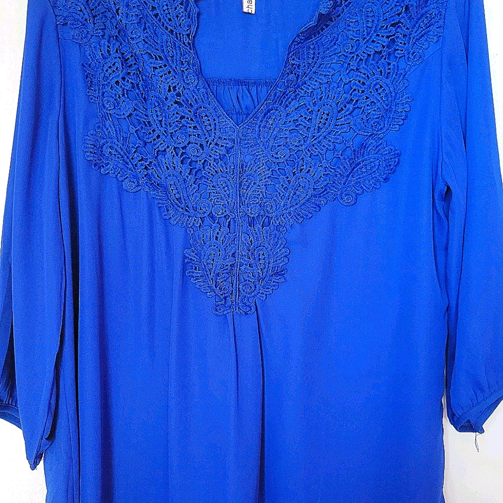 Royal blue chiffon and crocheted long sleeve shirt
